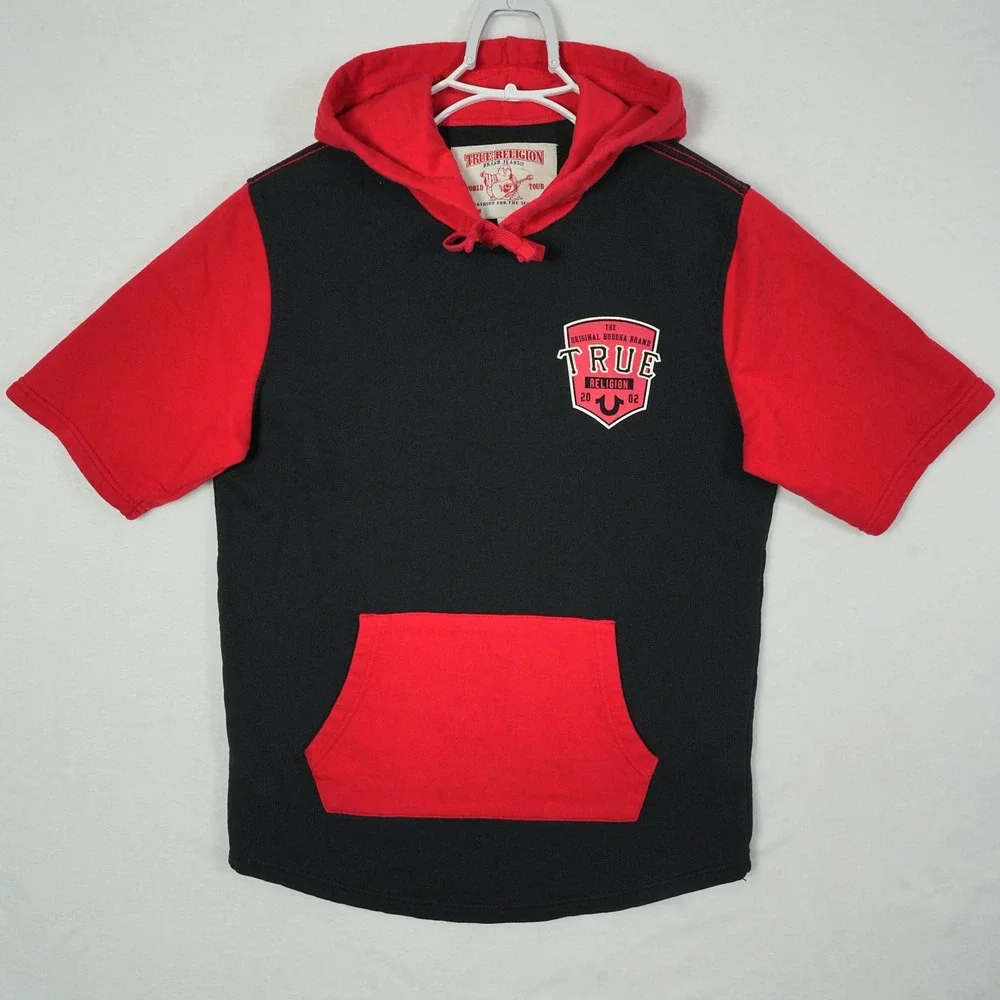 True Religion Mens Black Red Colorblock Short‎ Sleeve Hoodie Popfly PLVR Medium